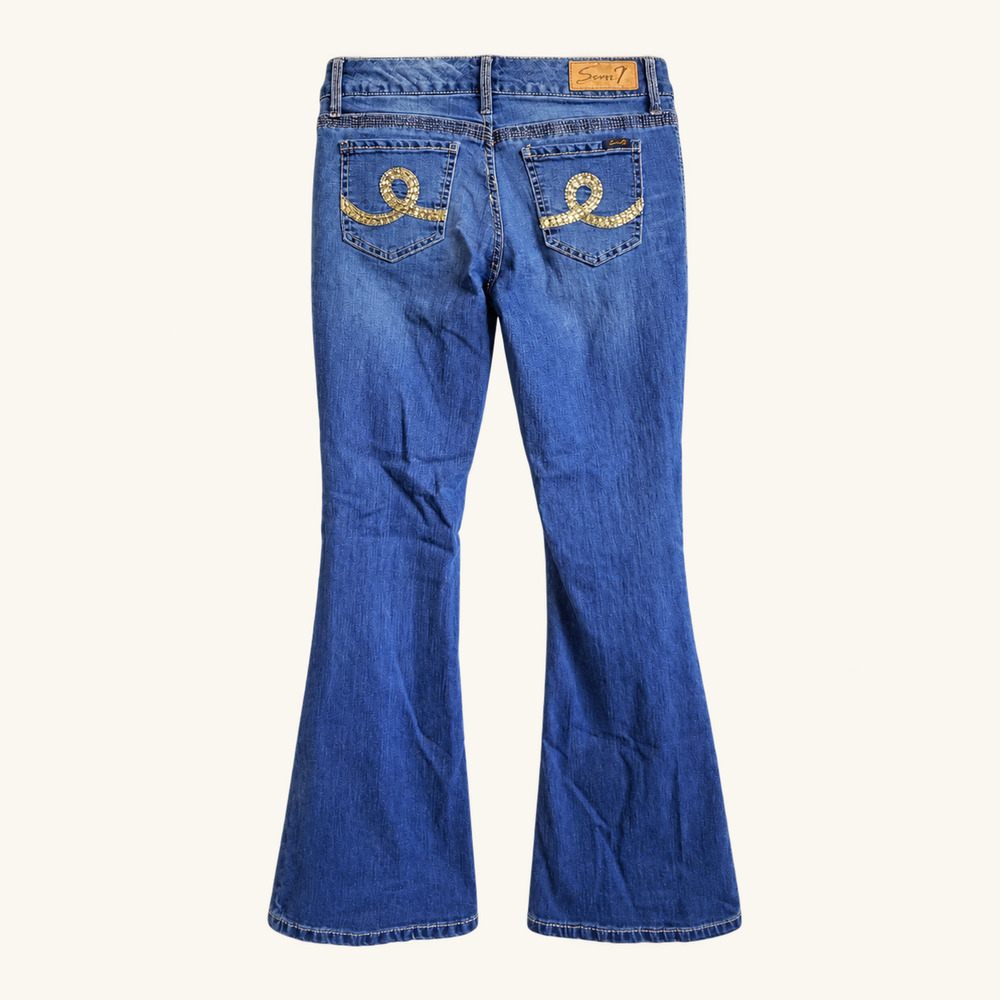 Seven7 Y2K Blue Flare Jeans Gold Embellished Back Pockets McBling Size 10